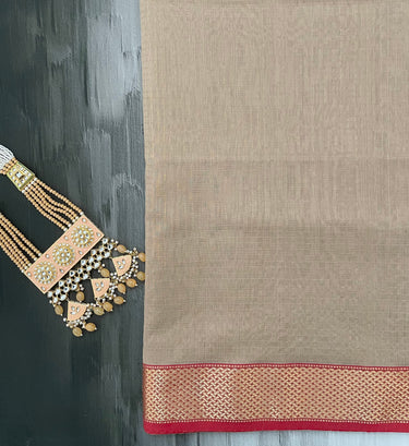 Maheshwari Cotton Silk Saree | Handloom Mark | Beige/Light Brown & Red | Ships from California